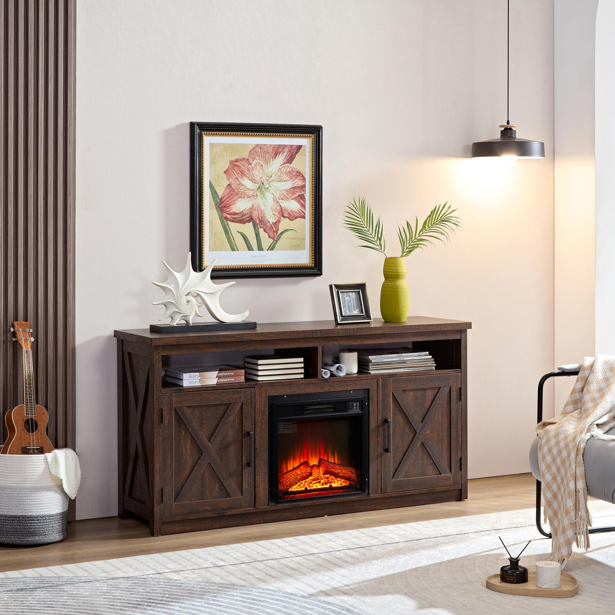 Farmhouse TV Media Stand with 18" Fireplace Insert and Cabinets, Espresso O541559
