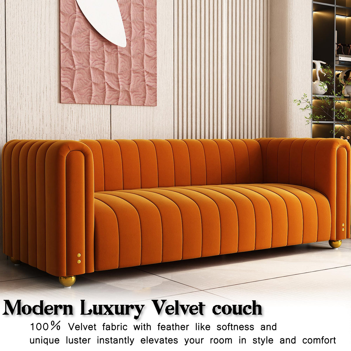 81" Orange Velvet Tufted Sofa 3 Seater with Metal Legs I4388