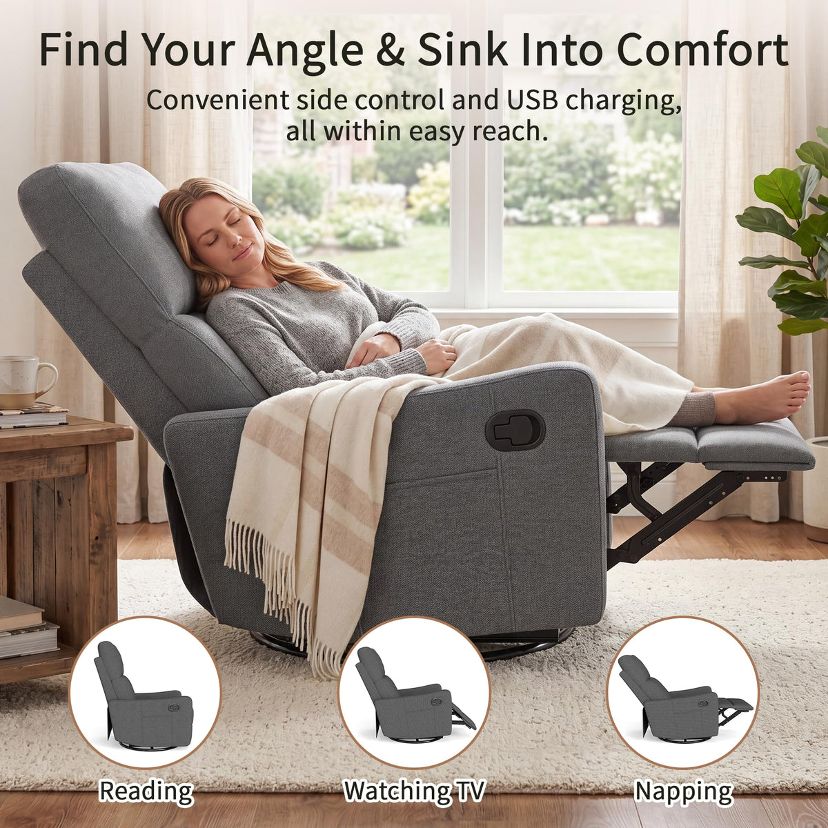 Dark Gray Swivel Rocker Recliner Chair C6452