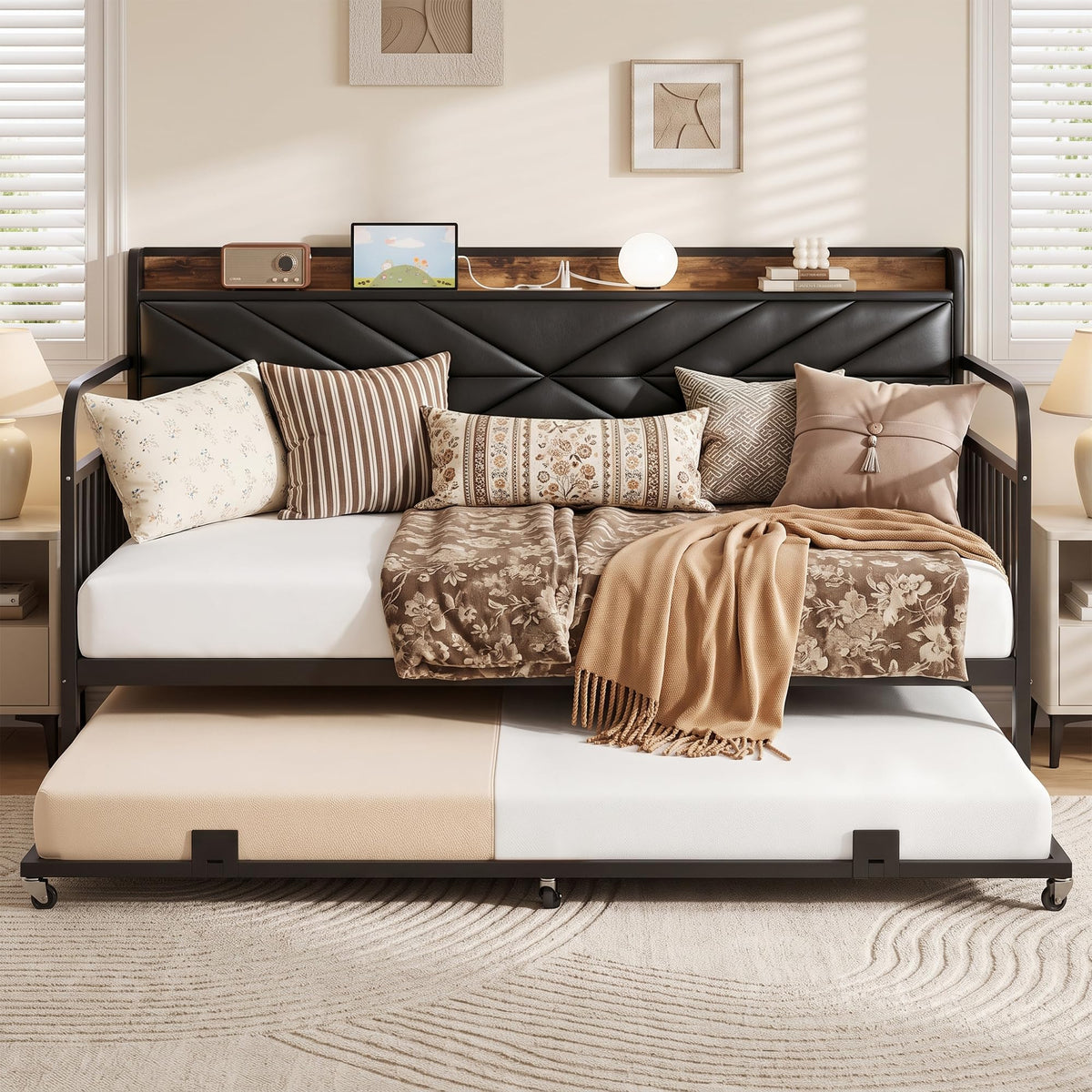 Black Metal Twin Daybed with Trundle and Storage Headboard T508859