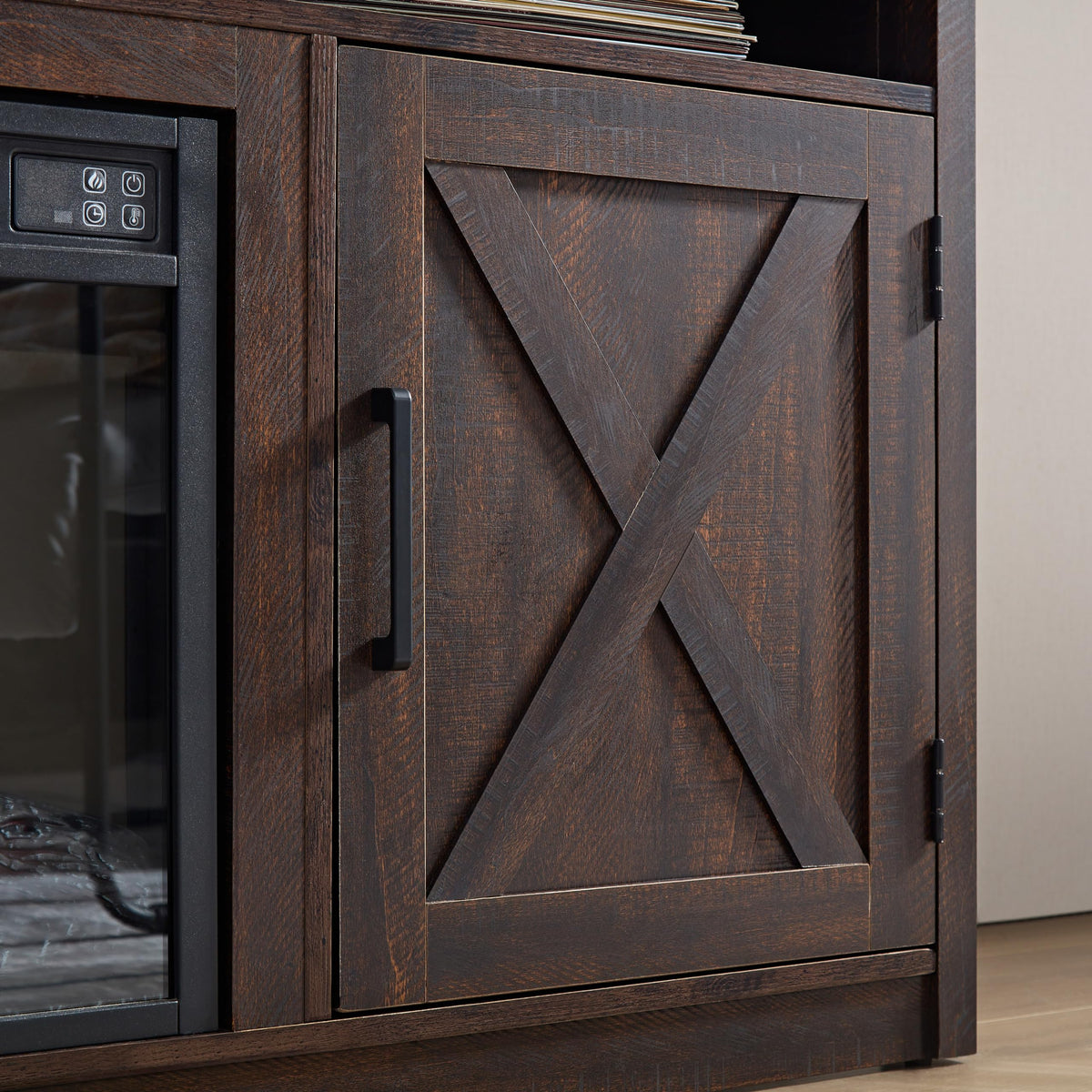 Farmhouse TV Media Stand with 18" Fireplace Insert and Cabinets, Espresso O541559