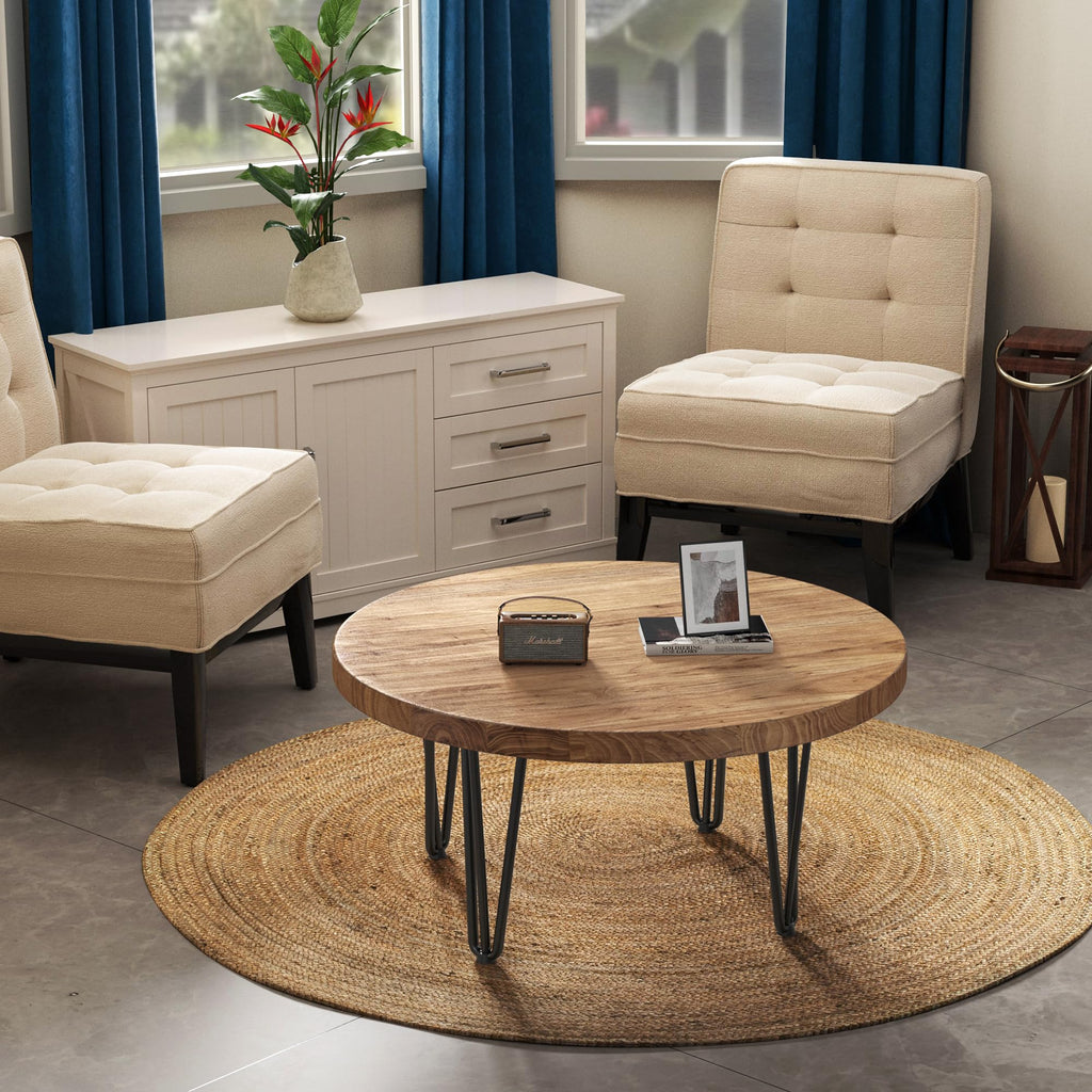 Rustic Wood Round Coffee Table with Metal Legs W29635