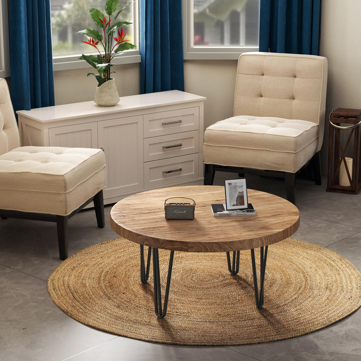 Rustic Wood Round Coffee Table with Metal Legs W29635